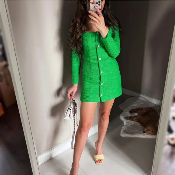 Zara * Tweed Textured Weave Blazer Dress with Jewel Buttons Green - Picture 2 of 14
